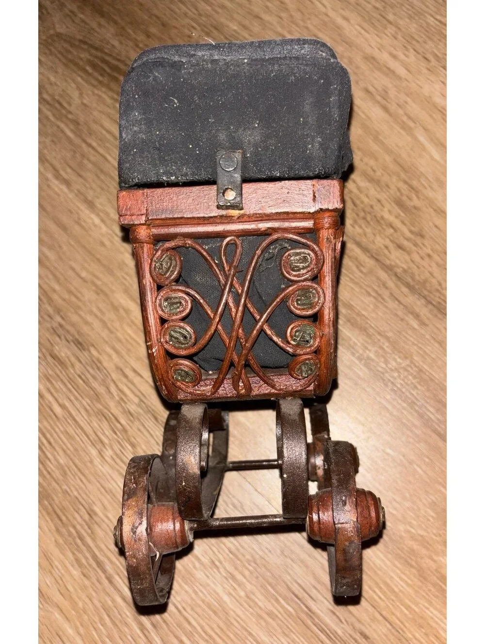 Vintage Miniature Baby Carriage Pram Wood Metal Wheels 11”